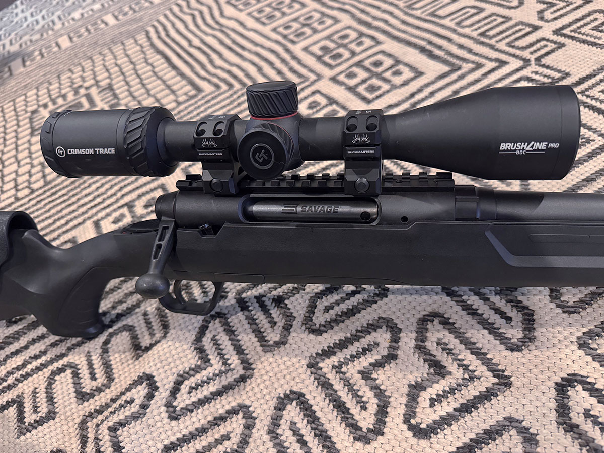 Savage Axis 25-06 Remington rifle with Crimson Trace Brushline Pro BDC reticle 3-10x 42mm optic.